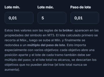 Campos Lote mín. 0.01, Lote máx. 5 y Paso de lote 0.01