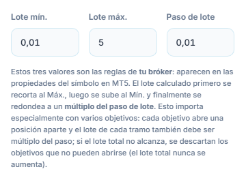 Campos Lote mín. 0.01, Lote máx. 5 y Paso de lote 0.01