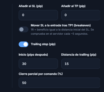 Campos Añadir al SL y Añadir al TP en pips, interruptor de breakeven, interruptor de trailing stop activado con distancia de inicio y de seguimiento, y porcentaje de cierre parcial por comando