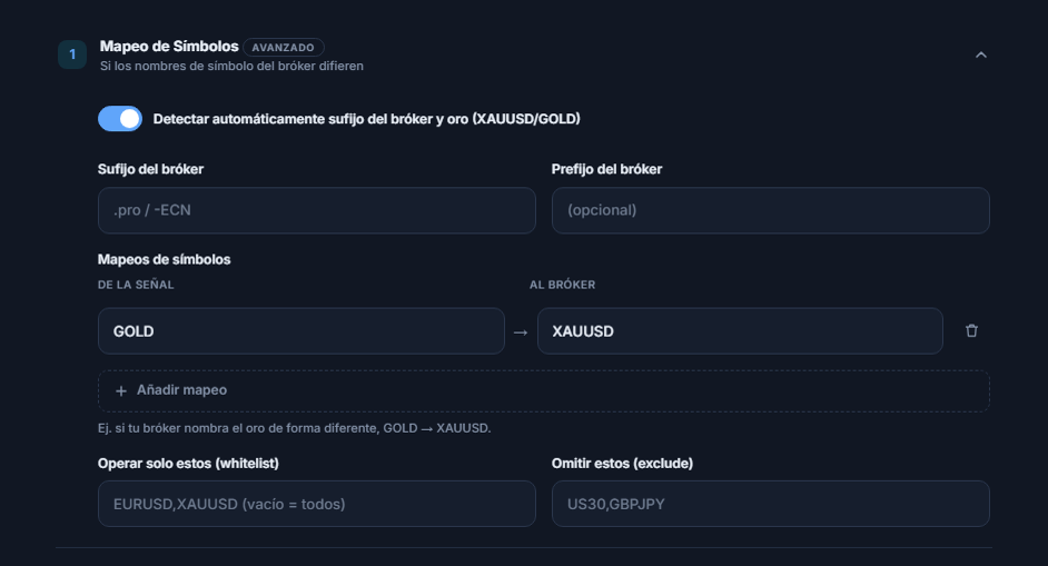 Sección Mapeo de Símbolos: interruptor de detección automática, campos de Sufijo del bróker y prefijo, mapeo GOLD → XAUUSD, Añadir mapeo, y campos de whitelist y exclude