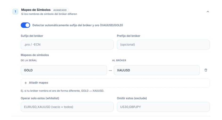 Sección Mapeo de Símbolos: interruptor de detección automática, campos de Sufijo del bróker y prefijo, mapeo GOLD → XAUUSD, Añadir mapeo, y campos de whitelist y exclude