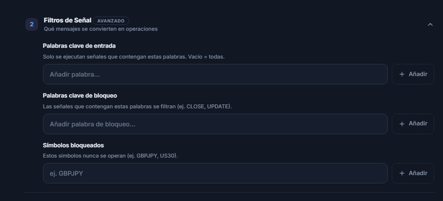 Filtros de Señal: campos Palabras clave de entrada, Palabras clave de bloqueo y Símbolos bloqueados