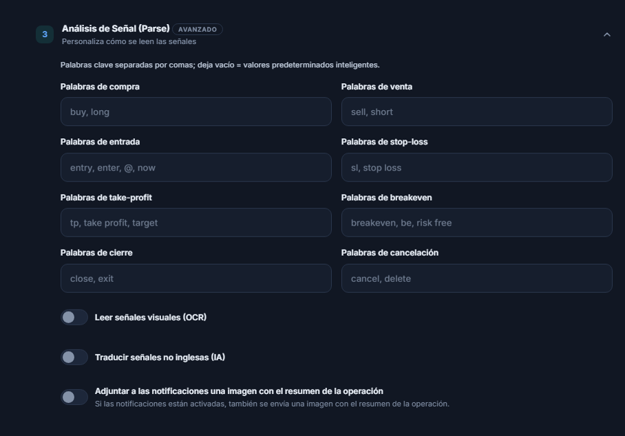 Análisis de Señal (Parse): palabras de compra, venta, entrada, stop-loss, take-profit, breakeven, cierre y cancelación; interruptores de OCR, traducción e imagen de la tarjeta resumen