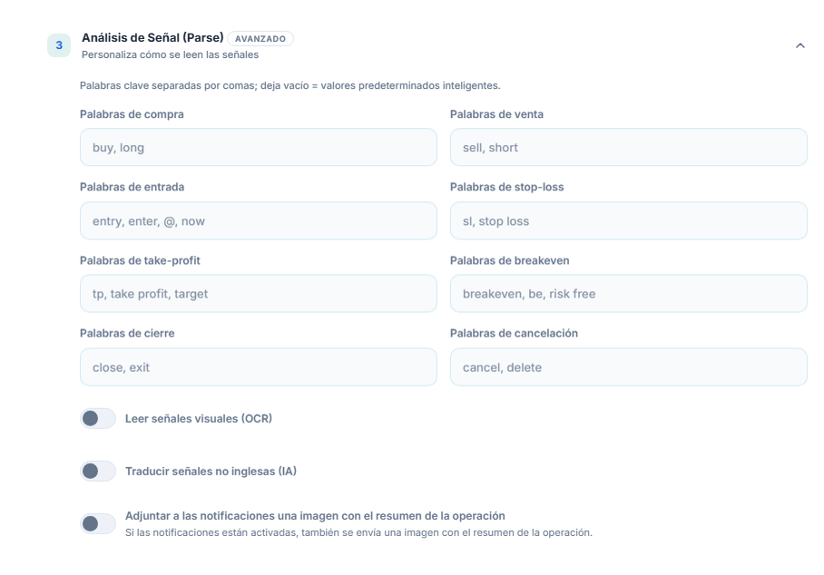 Análisis de Señal (Parse): palabras de compra, venta, entrada, stop-loss, take-profit, breakeven, cierre y cancelación; interruptores de OCR, traducción e imagen de la tarjeta resumen