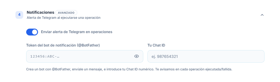 Notificaciones: interruptor de alerta de Telegram activado, campos de token del bot y Chat ID