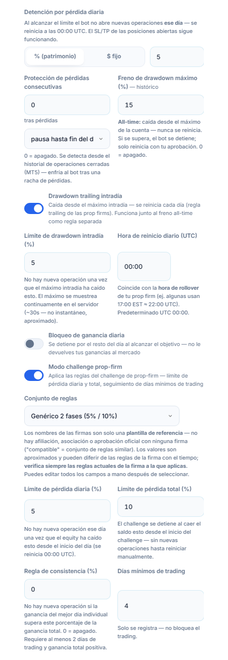Escudo de Protección avanzado: Detención por pérdida diaria, protección de pérdidas consecutivas, drawdown máximo, drawdown trailing intradía, bloqueo de ganancia diaria, modo challenge prop-firm y conjunto de reglas