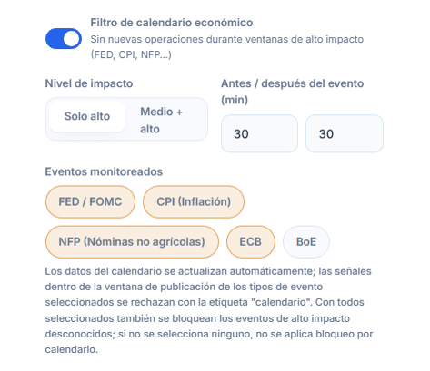 Filtro de calendario económico: interruptor activado, nivel de impacto, minutos antes y después de la noticia, tipos de evento