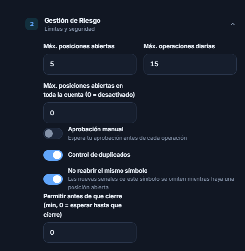 Gestión de Riesgo avanzada: máx. posiciones abiertas, tope a nivel de cuenta, aprobación manual, control de duplicados, bloqueo de mismo símbolo y espera mínima