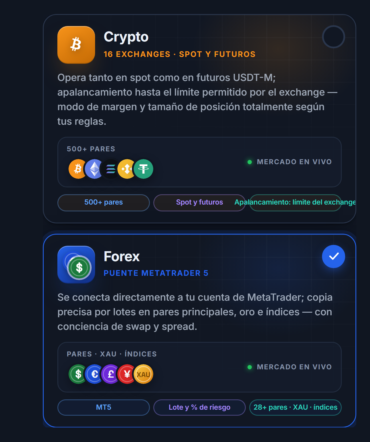 Elección del mercado: tarjetas Crypto y Forex, con la tarjeta Forex seleccionada