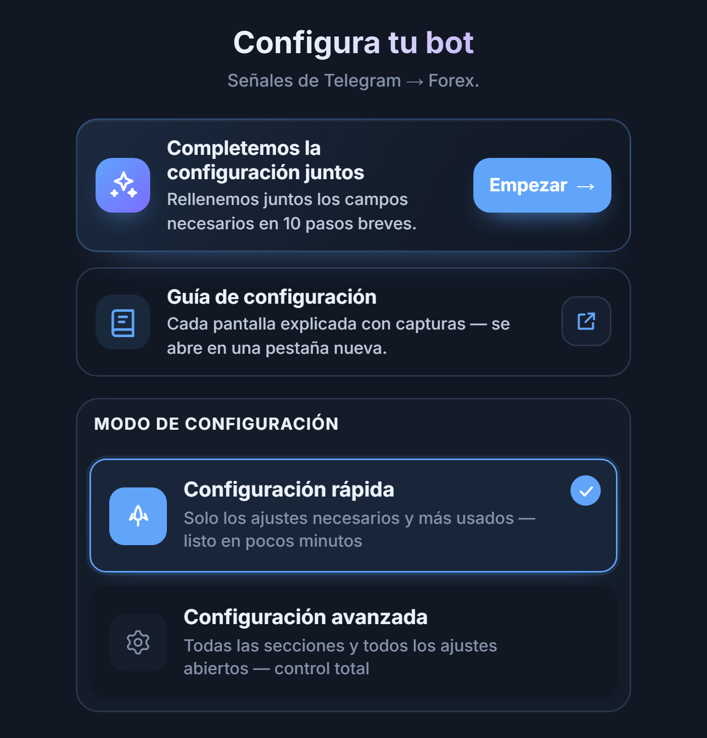 Parte superior de la pantalla Configura tu bot: botón Empezar de la guía de configuración y tarjetas Configuración rápida y Configuración avanzada
