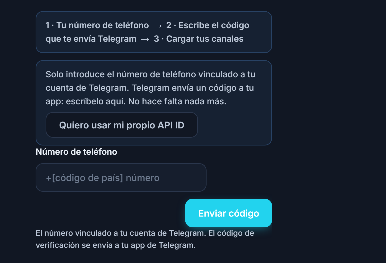 Conexión de Telegram: barra de pasos, campo Número de Teléfono y botón Enviar código