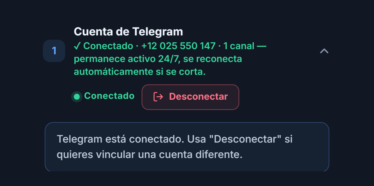 Sección Cuenta de Telegram tras conectar: insignia verde Conectado, botón Desconectar y nota de Telegram conectado