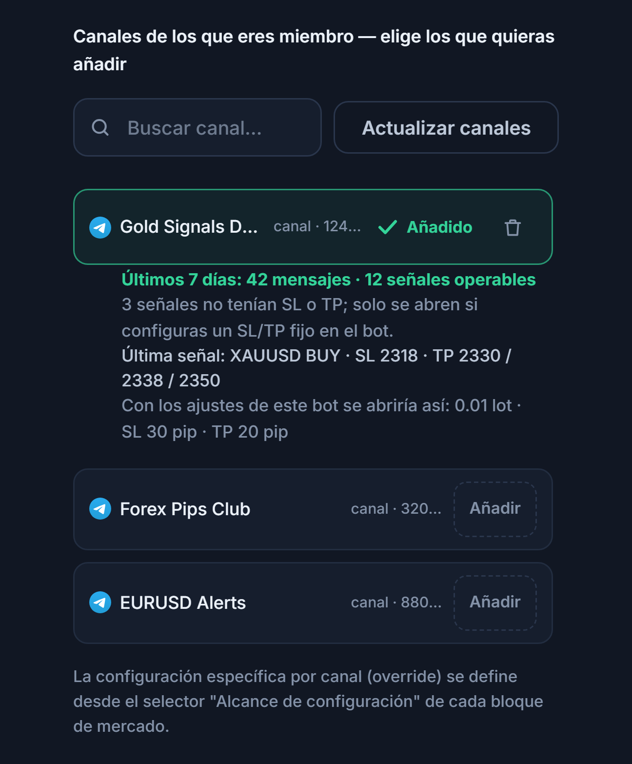 Sección Canales de señales tras conectar: cuadro de búsqueda de canales, botón Actualizar canales, canales con botón Agregar, marca Añadido en un canal agregado y debajo la ficha de 7 días del canal