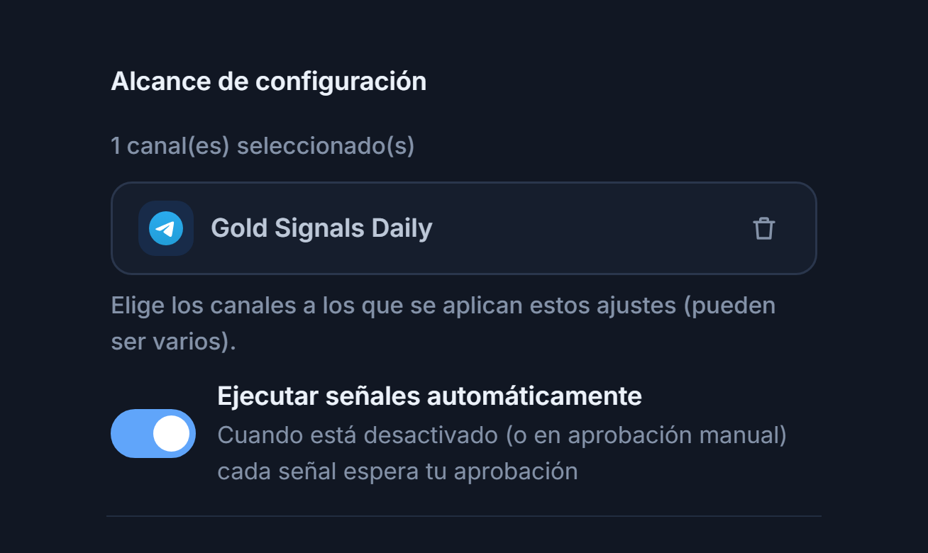 Sección Alcance de configuración tras añadir un canal: contador de 1 canal seleccionado, chip del canal seleccionado con marca verde y botón de quitar en el chip