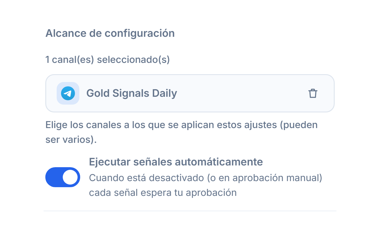 Sección Alcance de configuración tras añadir un canal: contador de 1 canal seleccionado, chip del canal seleccionado con marca verde y botón de quitar en el chip