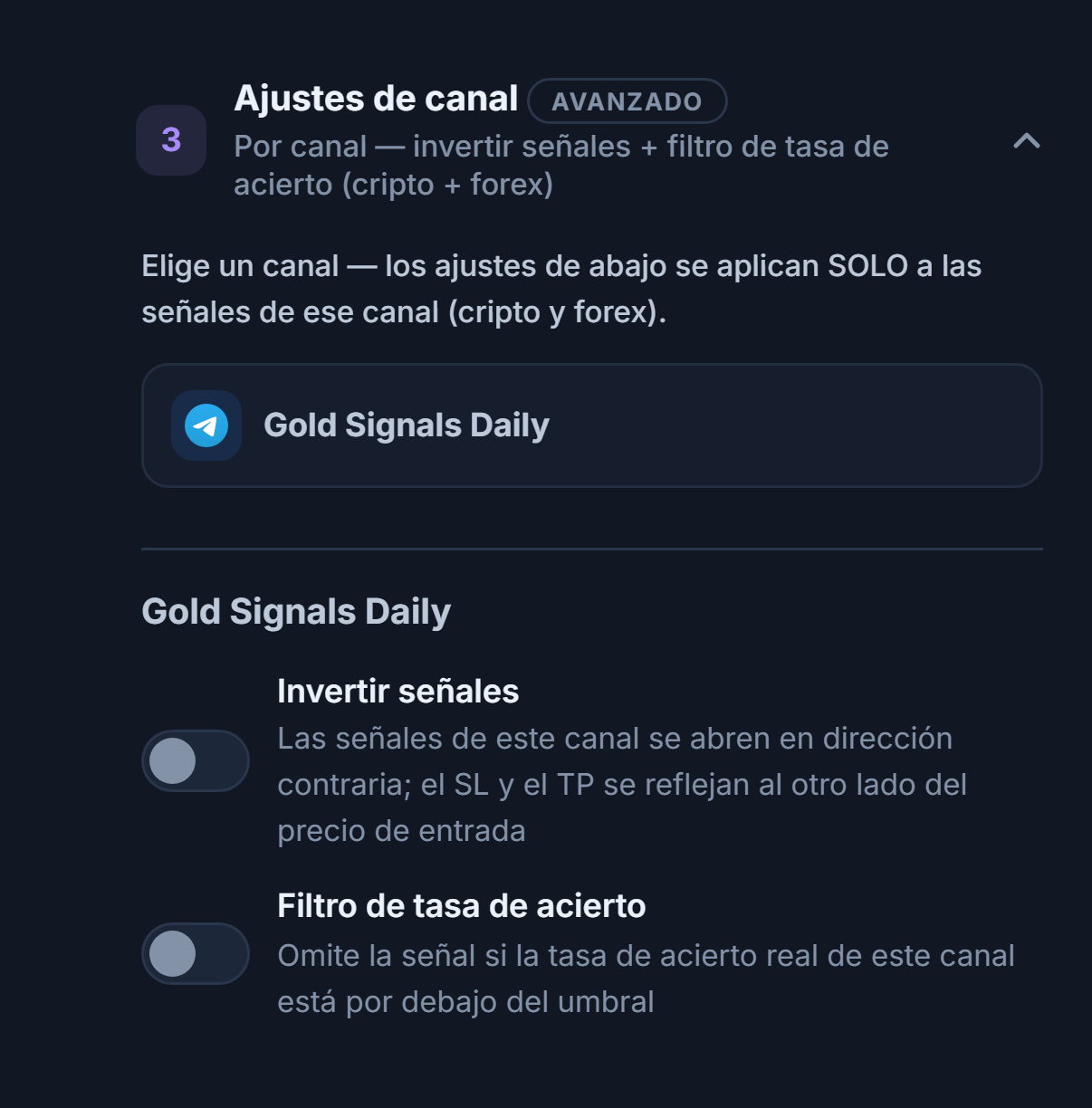 Acordeón Ajustes de canal: fila del canal seleccionado con borde y debajo los interruptores Invertir señales y Filtro de tasa de acierto