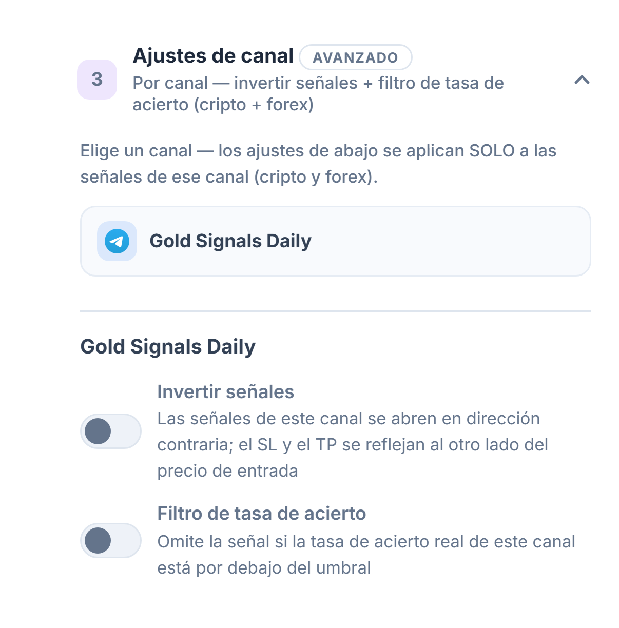 Acordeón Ajustes de canal: fila del canal seleccionado con borde y debajo los interruptores Invertir señales y Filtro de tasa de acierto