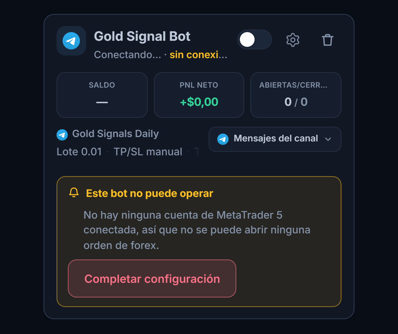 Tarjeta de un bot de forex recién creado en el panel Mis bots: nombre y fuente del bot, lista Este bot no puede operar y botón Completar configuración
