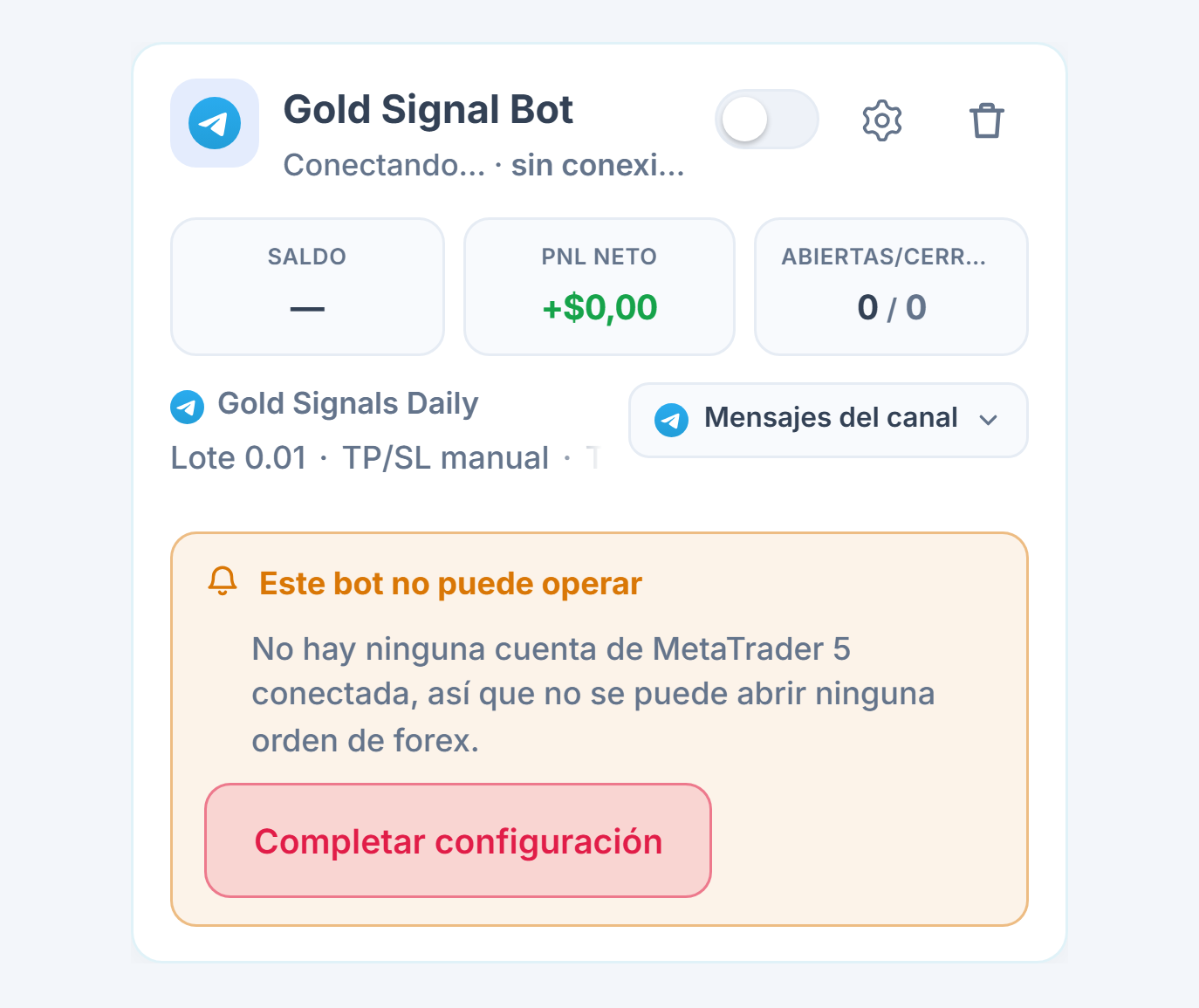 Tarjeta de un bot de forex recién creado en el panel Mis bots: nombre y fuente del bot, lista Este bot no puede operar y botón Completar configuración