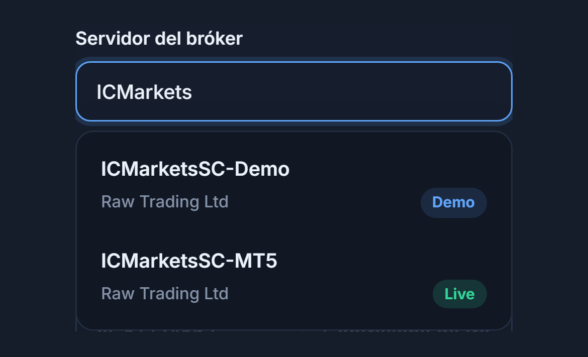 Campo Servidor del bróker con ICMarkets escrito y debajo dos servidores con insignias Demo y Live