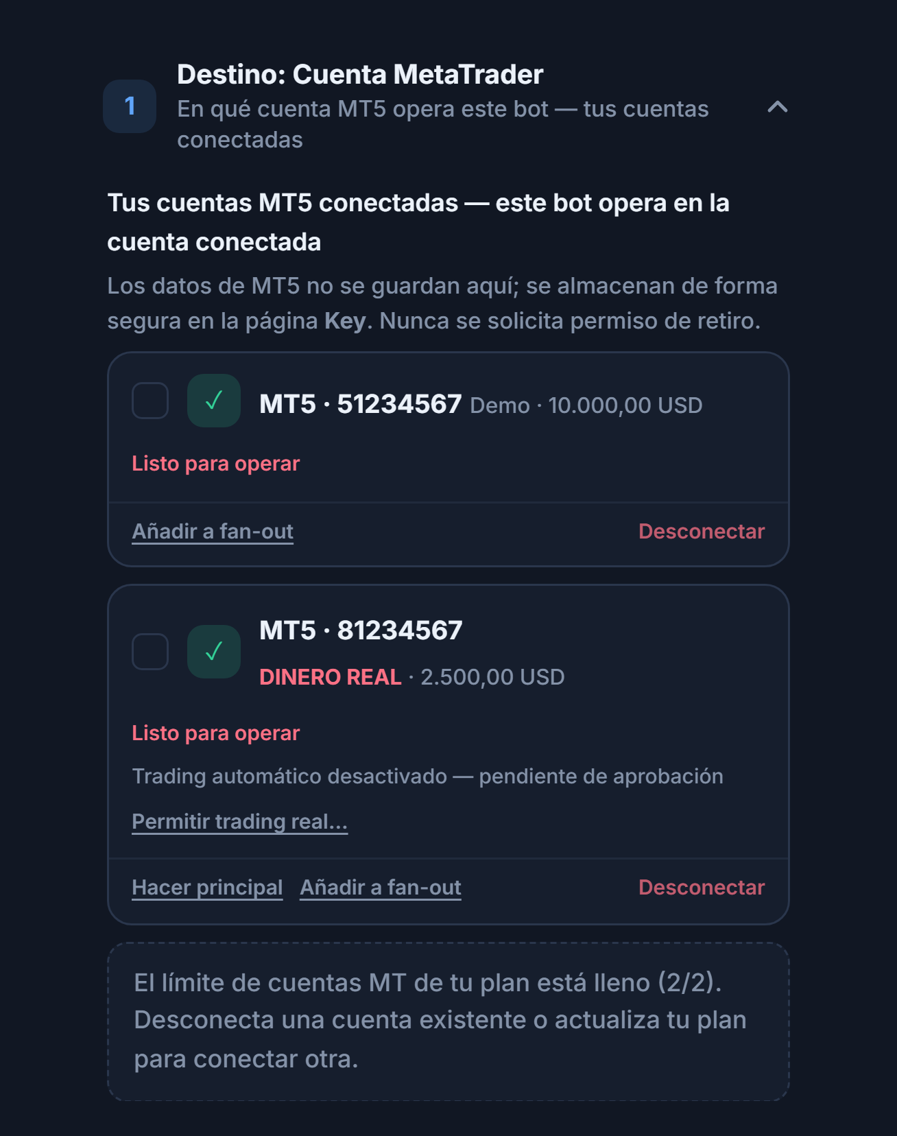 Cuentas MT5 conectadas: una tarjeta de cuenta demo y otra de cuenta real; en la real, la nota Trading automático desactivado, pendiente de aprobación y el botón Permitir trading real