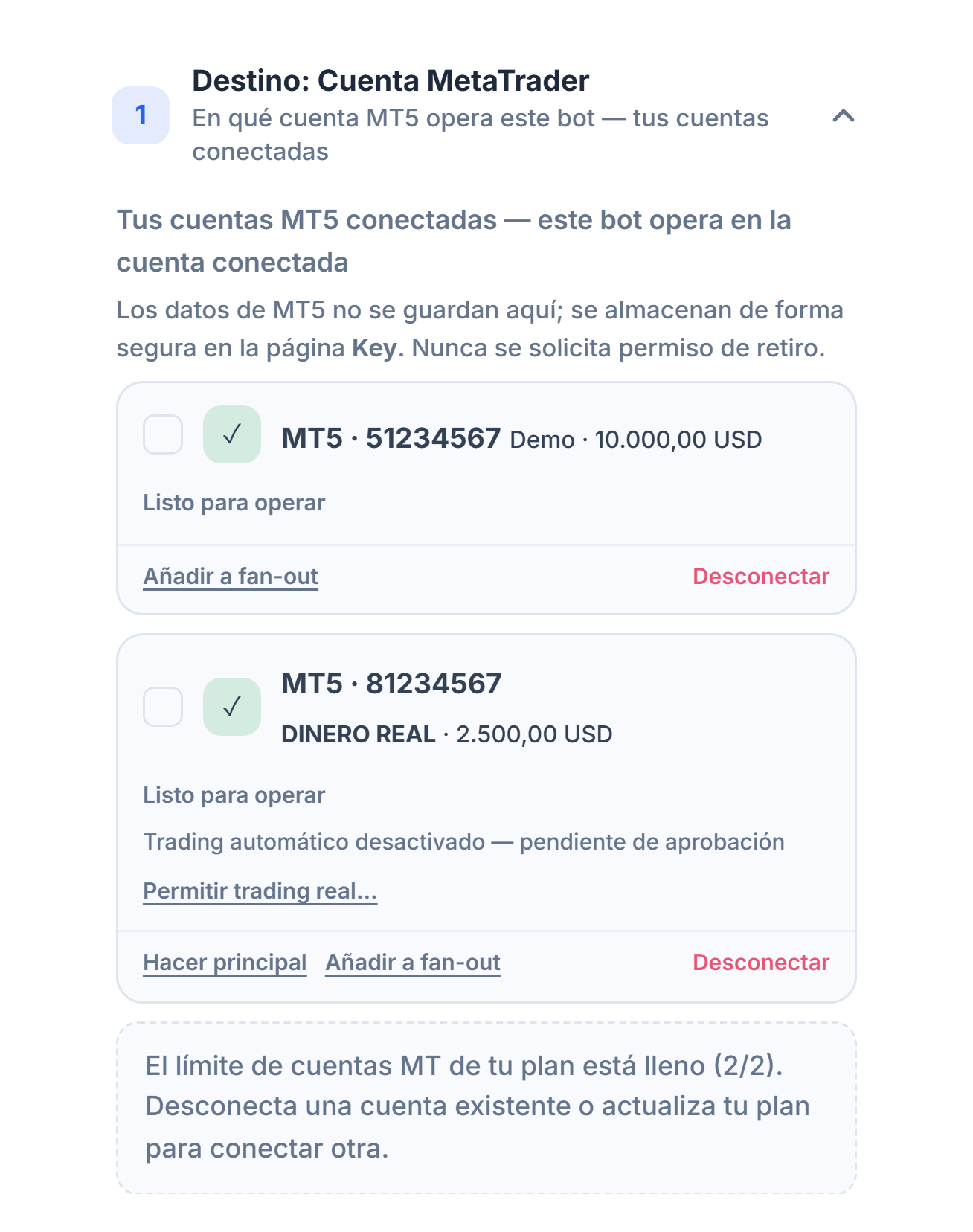 Cuentas MT5 conectadas: una tarjeta de cuenta demo y otra de cuenta real; en la real, la nota Trading automático desactivado, pendiente de aprobación y el botón Permitir trading real
