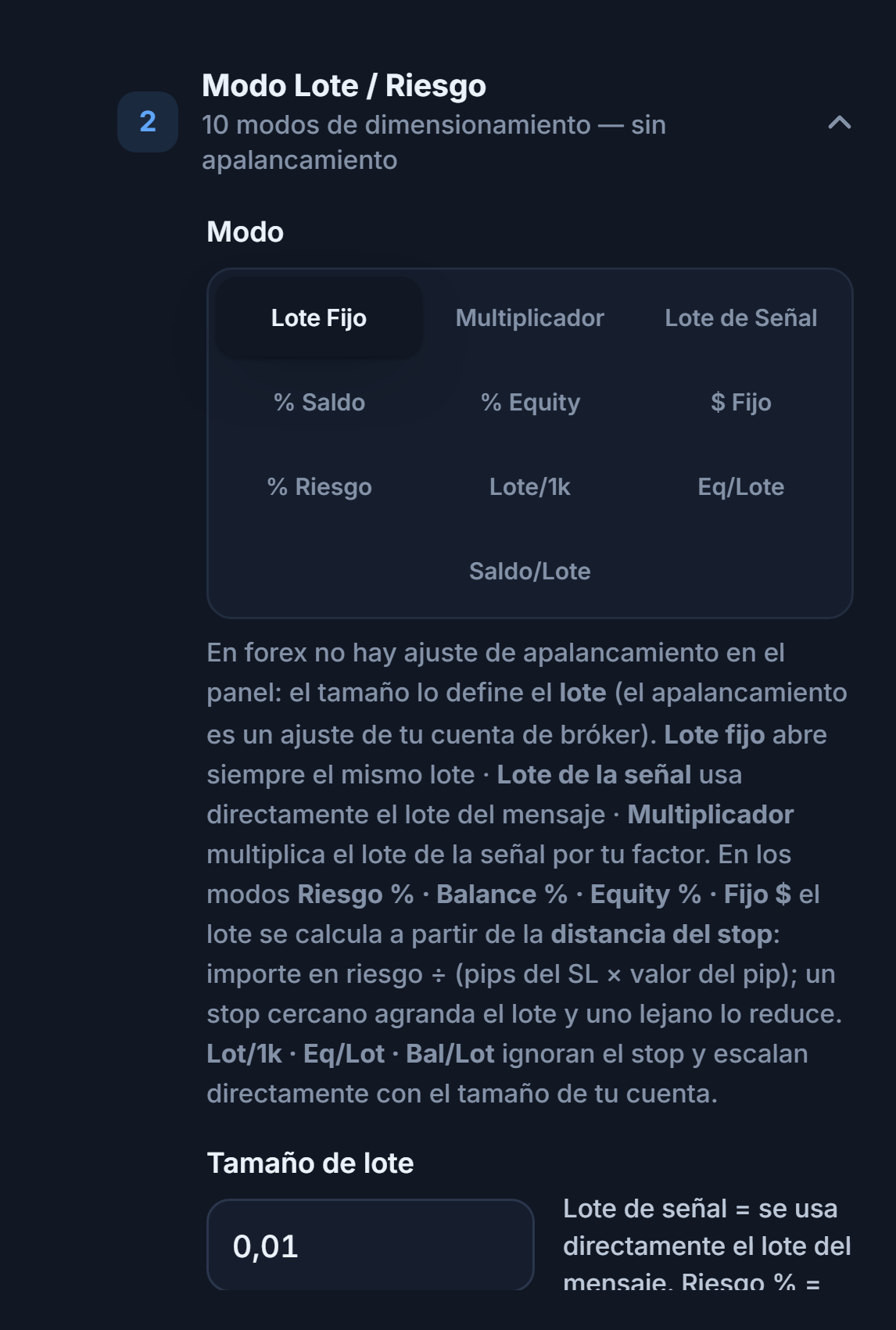 Sección Modo Lote / Riesgo: Lote Fijo seleccionado y campo Tamaño de lote con 0.01