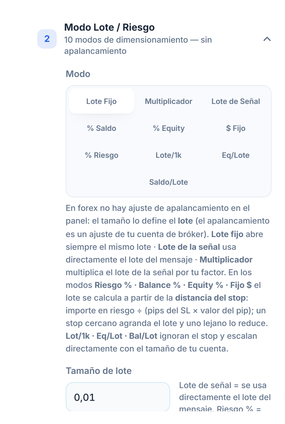 Sección Modo Lote / Riesgo: Lote Fijo seleccionado y campo Tamaño de lote con 0.01