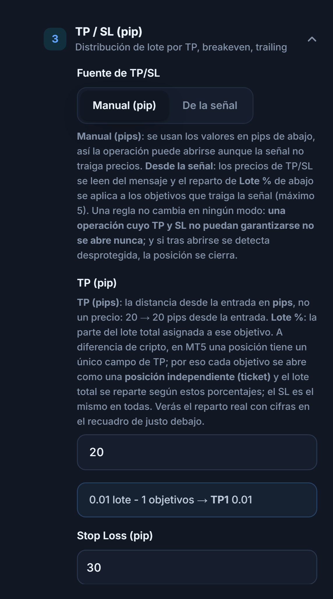 Sección TP / SL (pip): fuente de TP/SL Manual (pip) seleccionada, TP (pips) 20 y Stop Loss (pip) 30