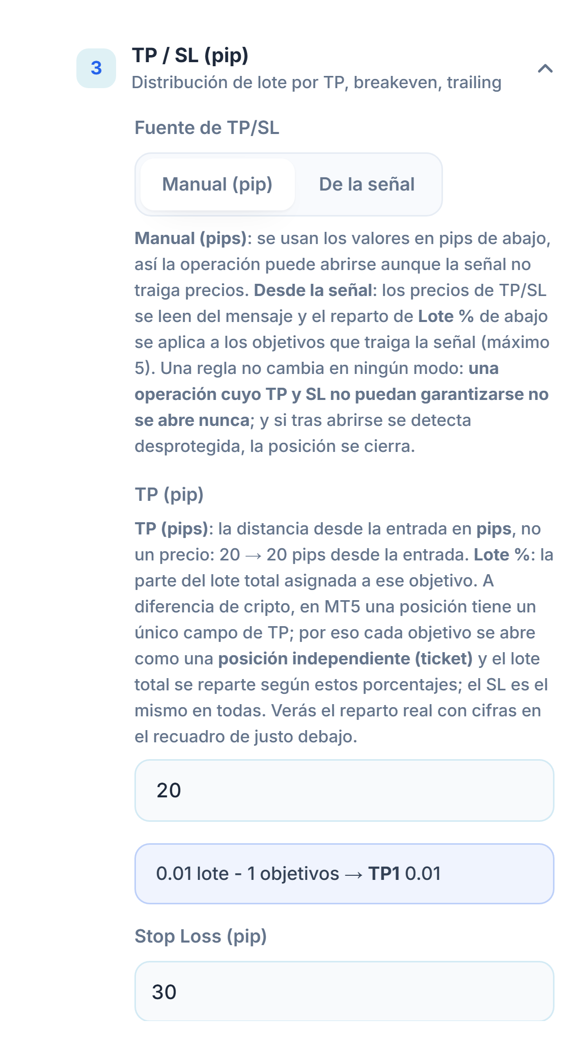 Sección TP / SL (pip): fuente de TP/SL Manual (pip) seleccionada, TP (pips) 20 y Stop Loss (pip) 30