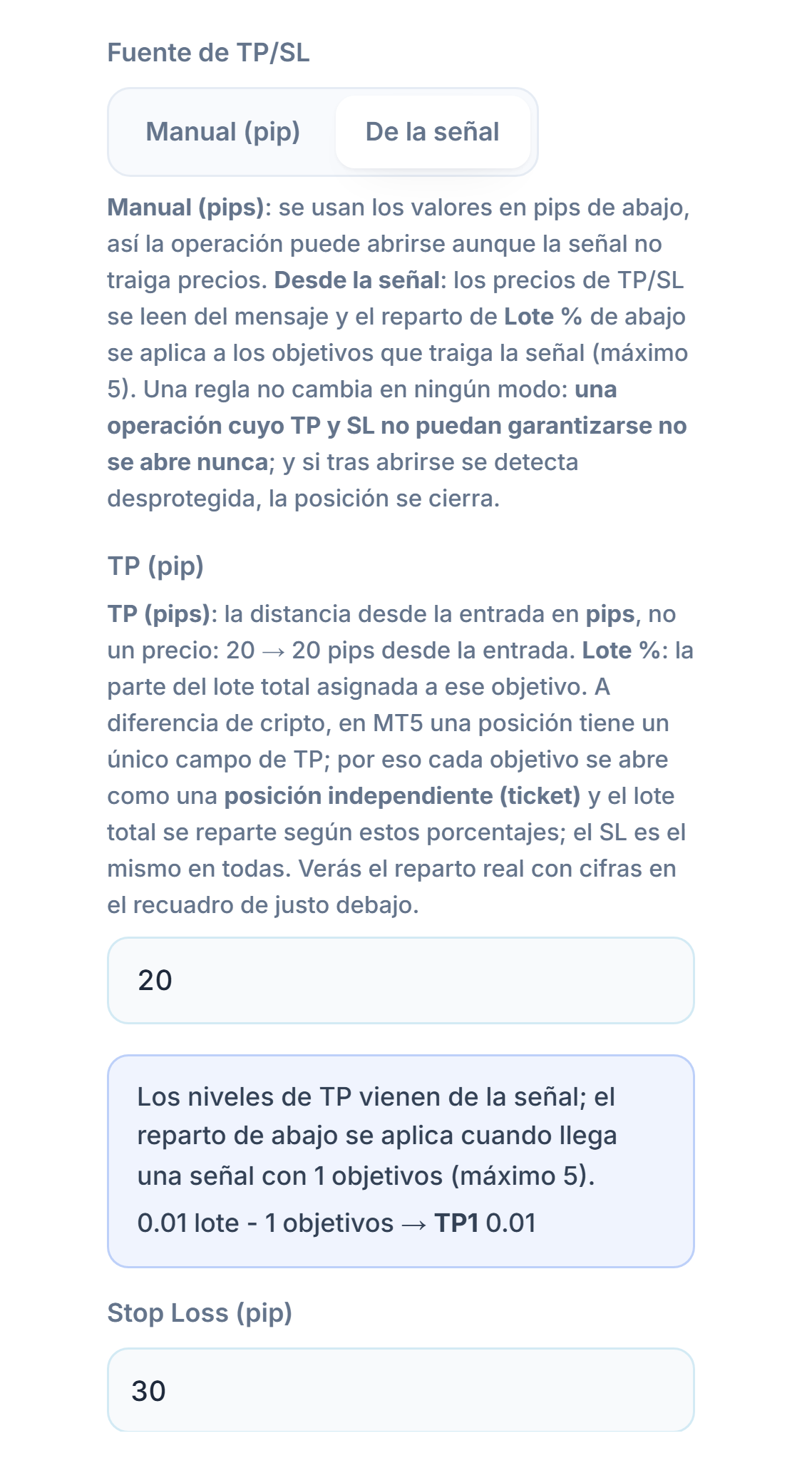 TP / SL (pip): fuente de TP/SL De la señal seleccionada