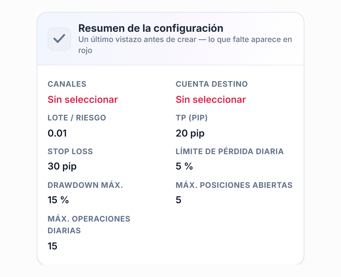 Resumen de la configuración: los campos Canal y Cuenta destino en rojo con Sin seleccionar, y los valores de lote, TP, Stop Loss, pérdida diaria y límites
