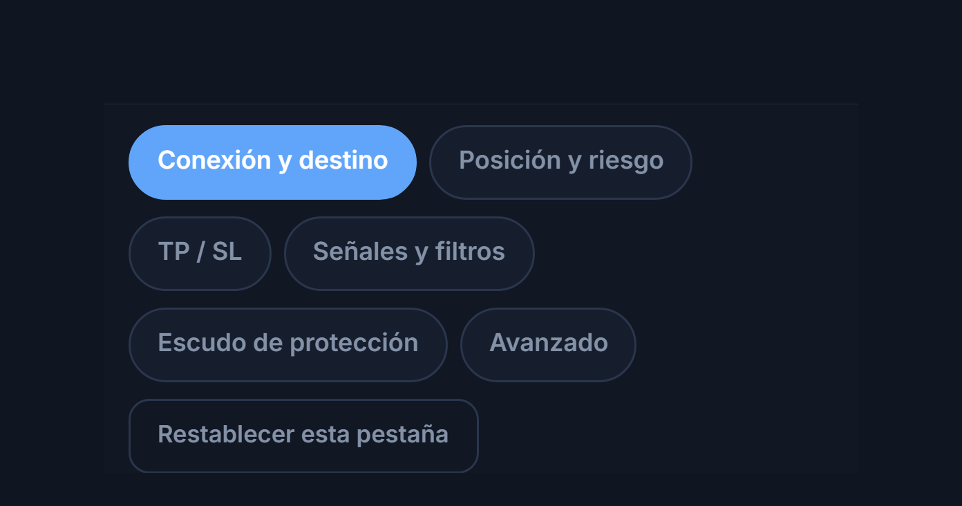 Pestañas de la configuración avanzada: Conexión, Posición, TP y SL, Señal, Protección, Avanzado y restablecer valores predeterminados