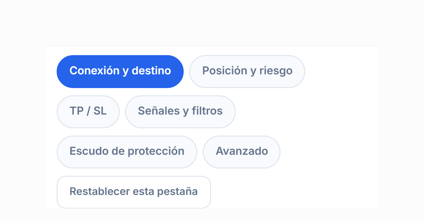 Pestañas de la configuración avanzada: Conexión, Posición, TP y SL, Señal, Protección, Avanzado y restablecer valores predeterminados