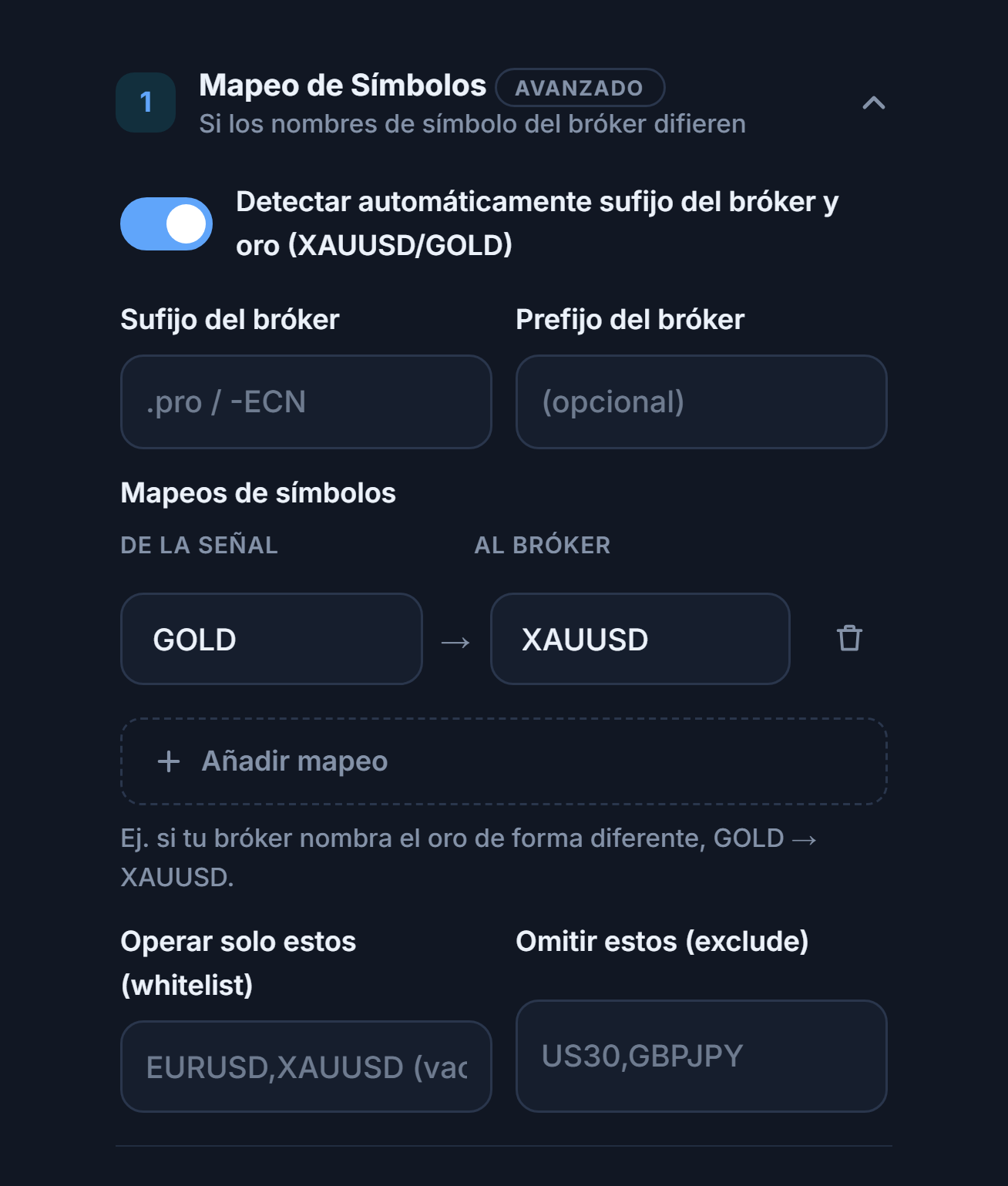 Sección Mapeo de Símbolos: interruptor de detección automática, campos de Sufijo del bróker y prefijo, mapeo GOLD → XAUUSD, Añadir mapeo, y campos de whitelist y exclude