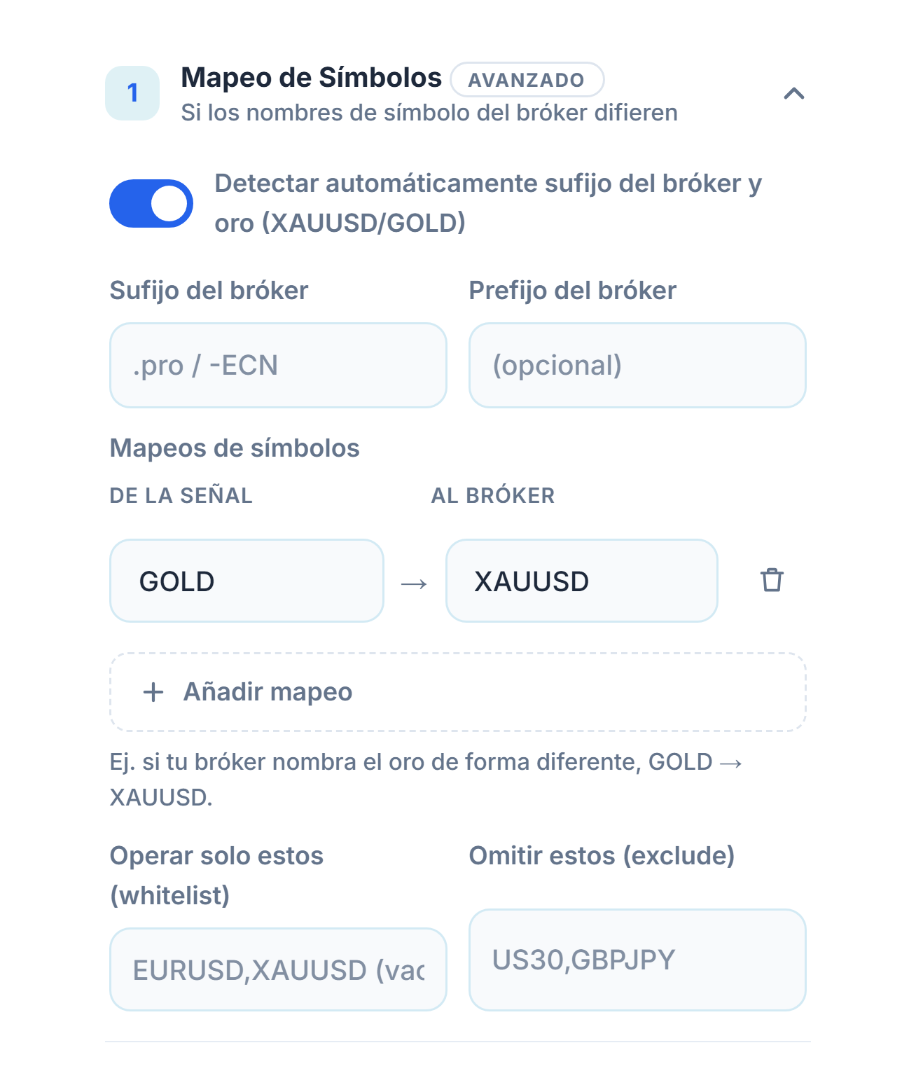 Sección Mapeo de Símbolos: interruptor de detección automática, campos de Sufijo del bróker y prefijo, mapeo GOLD → XAUUSD, Añadir mapeo, y campos de whitelist y exclude
