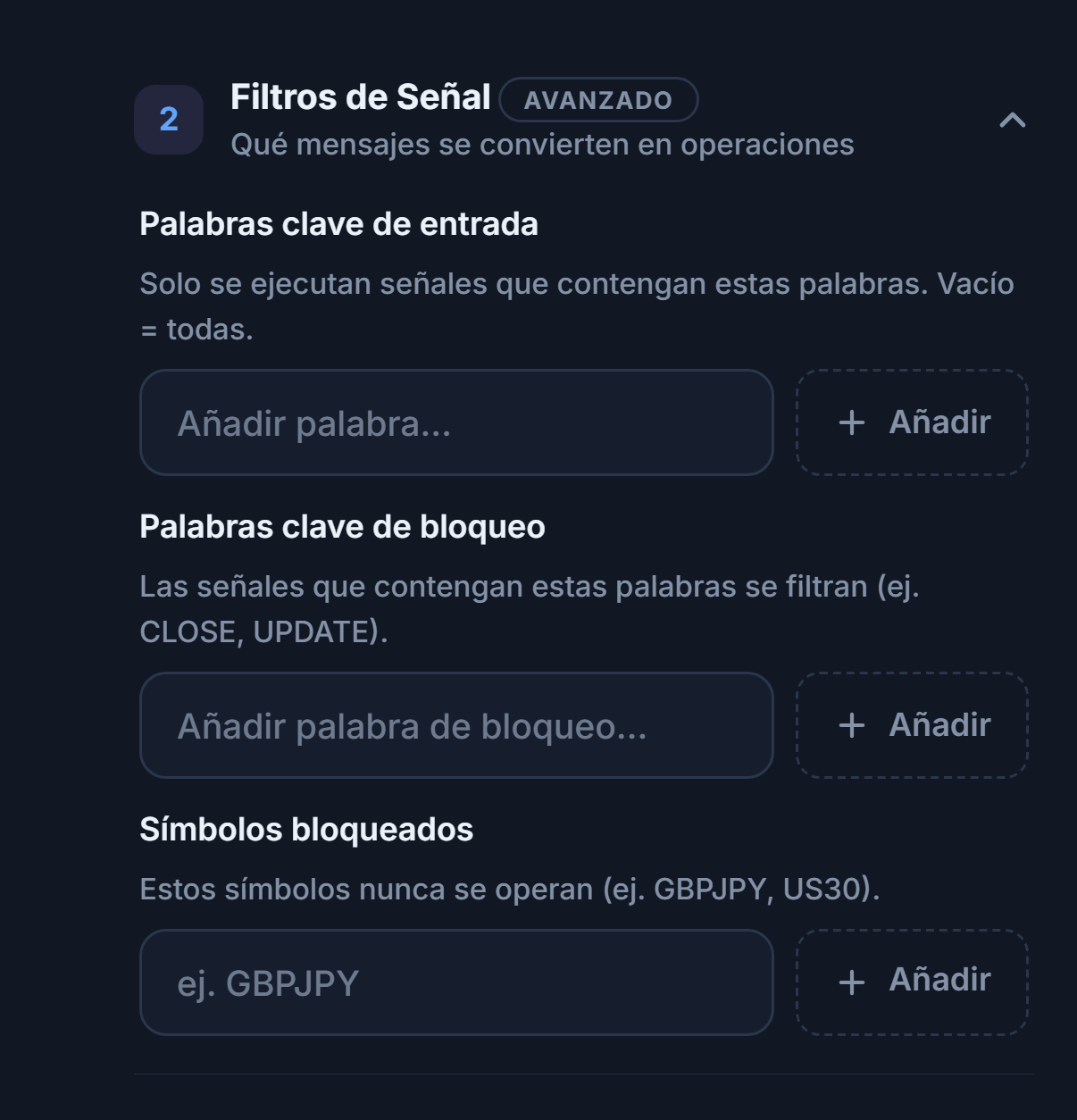 Filtros de Señal: campos Palabras clave de entrada, Palabras clave de bloqueo y Símbolos bloqueados