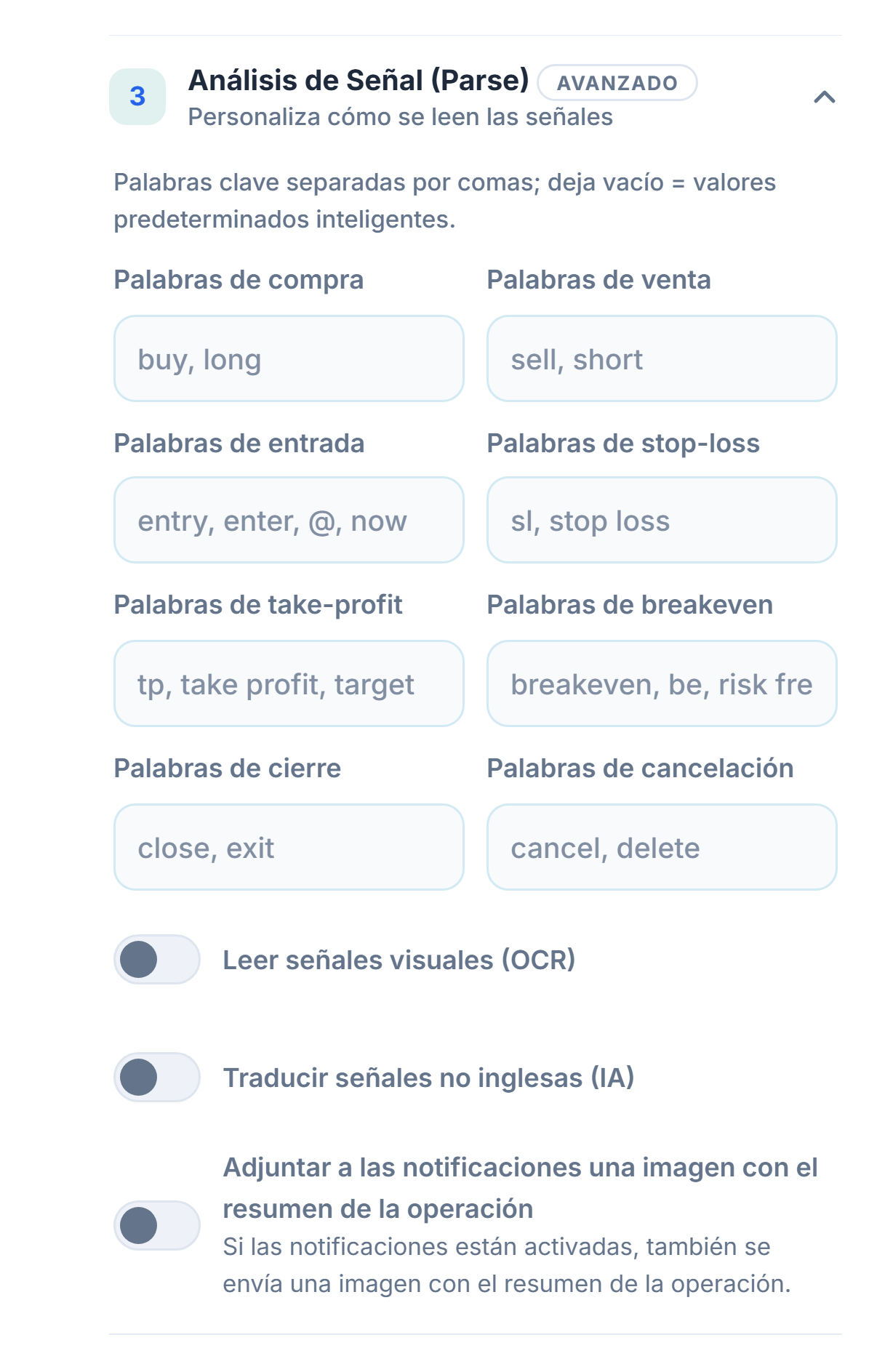 Análisis de Señal (Parse): palabras de compra, venta, entrada, stop-loss, take-profit, breakeven, cierre y cancelación; interruptores de OCR, traducción e imagen de la tarjeta resumen