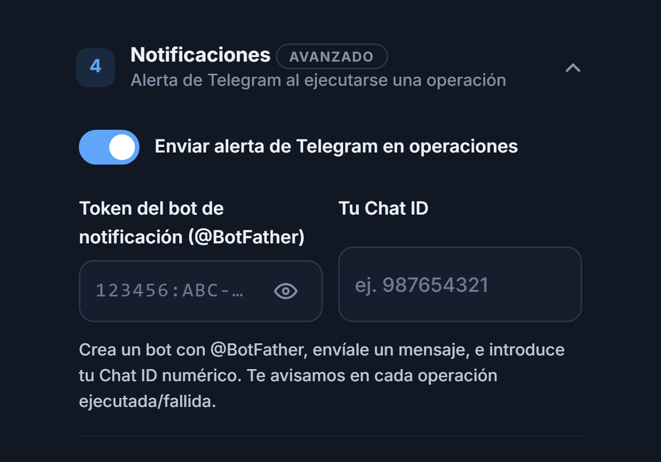 Notificaciones: interruptor de alerta de Telegram activado, campos de token del bot y Chat ID