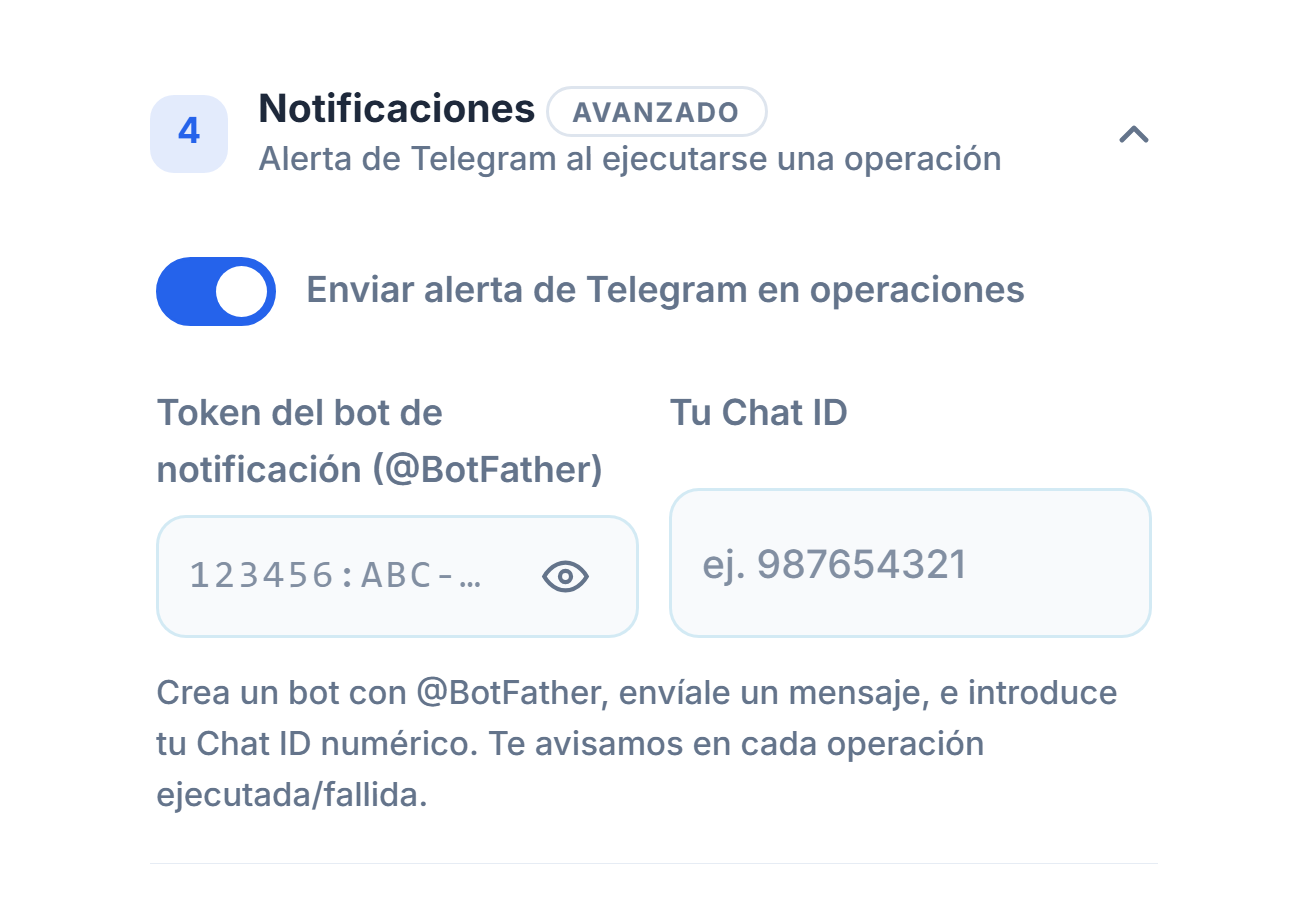 Notificaciones: interruptor de alerta de Telegram activado, campos de token del bot y Chat ID