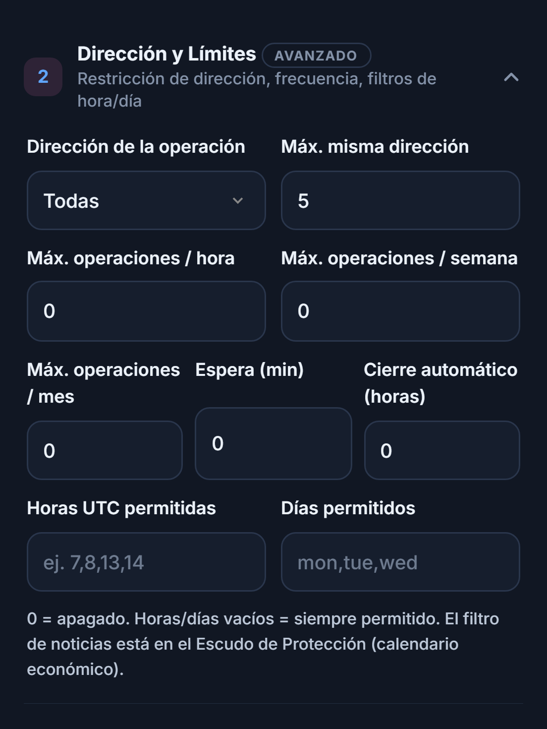 Dirección y límites: Dirección de la operación, Máx. misma dirección, límites de operaciones por hora, semana y mes, espera, cierre automático, horas y días permitidos