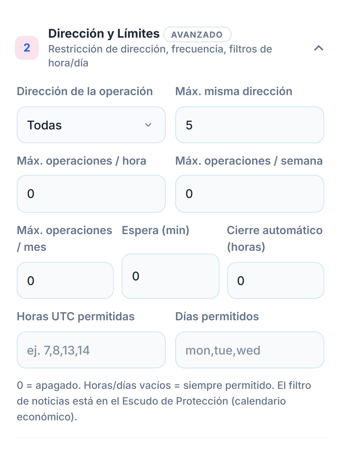 Dirección y límites: Dirección de la operación, Máx. misma dirección, límites de operaciones por hora, semana y mes, espera, cierre automático, horas y días permitidos