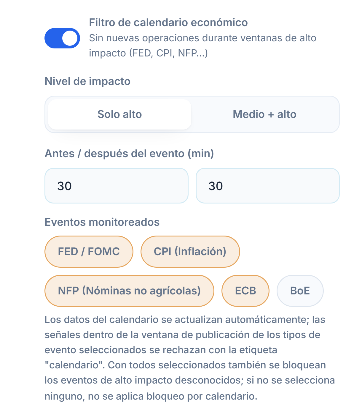 Filtro de calendario económico: interruptor activado, nivel de impacto, minutos antes y después de la noticia, tipos de evento