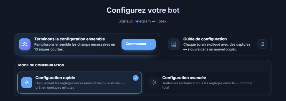 Haut de l'écran Configurez votre bot : bouton Commencer du guide de configuration, cartes Configuration rapide et Configuration avancée