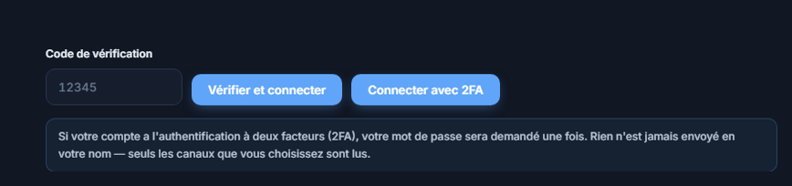 Champ Code de Vérification et bouton Vérifier et Connecter