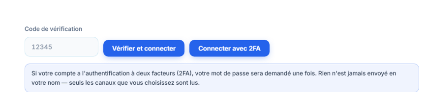 Champ Code de Vérification et bouton Vérifier et Connecter