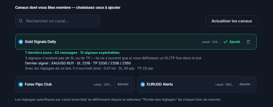 Section Canaux de signaux après la connexion : champ de recherche de canal, bouton Actualiser les canaux, canaux avec bouton Ajouter, marque Ajouté sur un canal ajouté et, en dessous, le bilan de canal sur 7 jours