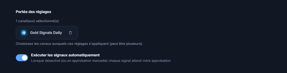 Section Portée des réglages après l'ajout d'un canal : compteur 1 canal sélectionné, puce de canal sélectionné avec coche verte et bouton de suppression sur la puce