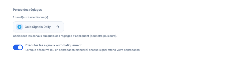 Section Portée des réglages après l'ajout d'un canal : compteur 1 canal sélectionné, puce de canal sélectionné avec coche verte et bouton de suppression sur la puce