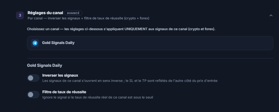 Accordéon Réglages du canal : ligne du canal sélectionné encadrée, en dessous les interrupteurs Inverser les signaux et Filtre de taux de réussite
